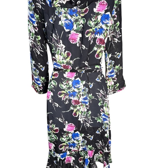 Milly 100% Silk Floral Wrap Dress - Black with Pink and Blue Accents - Picture 3 of 7